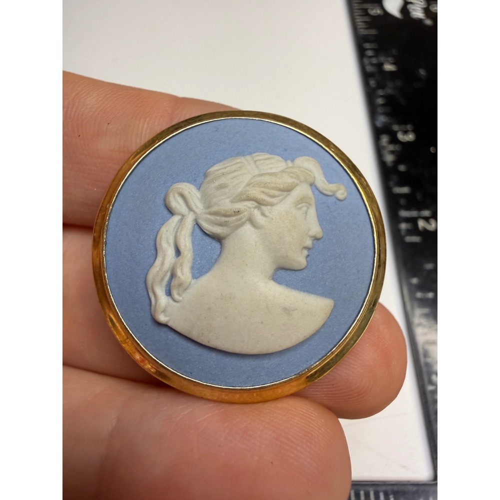 Wedgwood Blue Jasperware Cameo Brooch Gold Tone Made in England Round Portrait